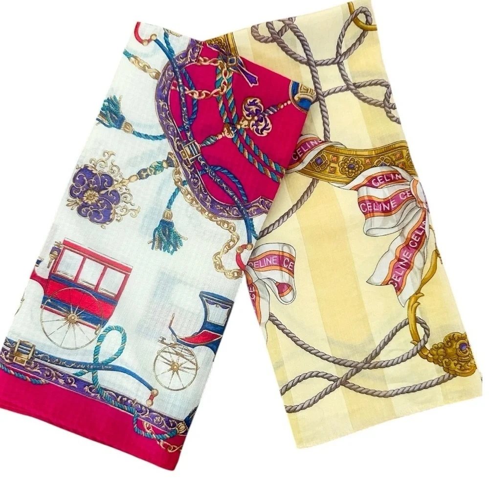 Celine Silk Scarf Duo Set Carriage Print & Ribbon Ropes 100% Silk 18” Squares